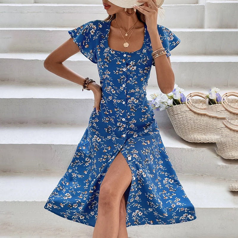 Women’s Floral Print Maxi Dress – Button-Up Boho Split Summer Dress